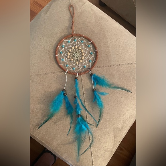 Handcrafted Dreamcatcher with Blue/Teal Feathers - Picture 1 of 3